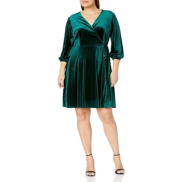 Tahari Green Velvet Faux-Wrap Dress w/Pockets Size 14W 1X Holiday Christmas Plus - Picture 10 of 10